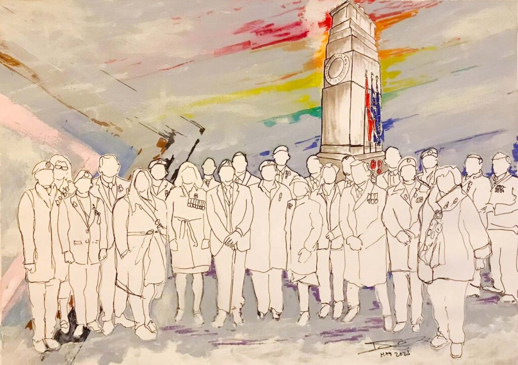 Artwork by David Tovey depicting outlines of people in military uniform in front of the cenotaph in Whitehall. A pride flag is painted in the background.